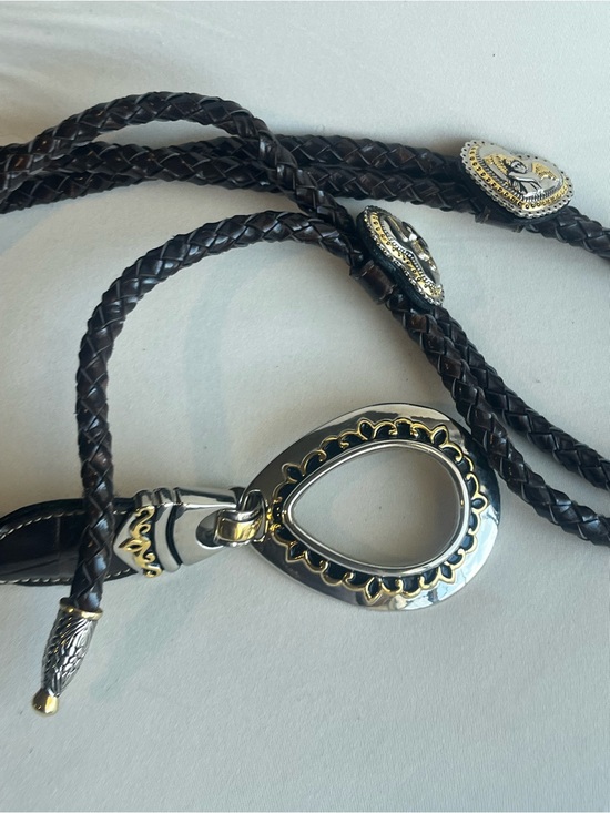 Women\'s Braided Black Leather Belt with Ornate Silver-Gold Heart Buckle wester main image 9